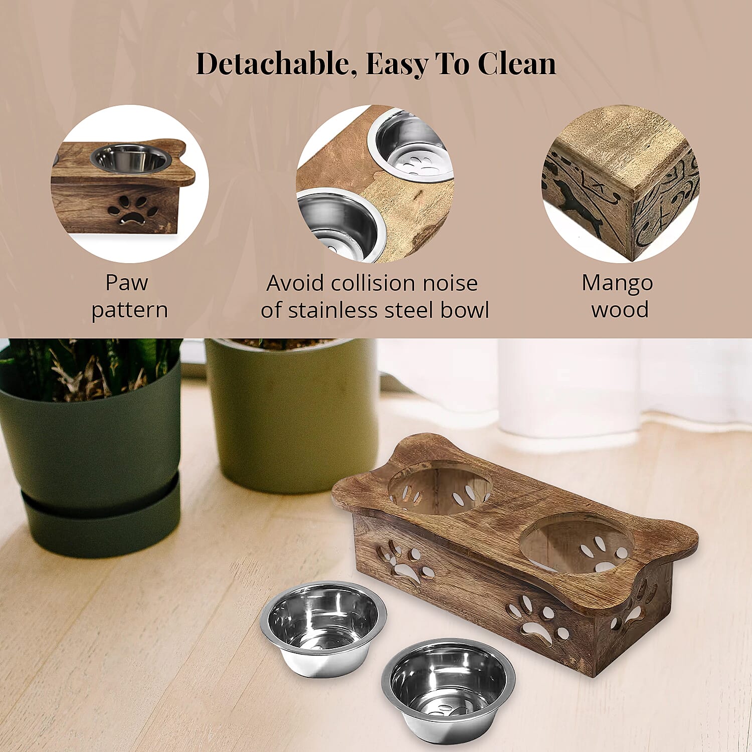 Nakkashi Hand Carved Mango Wood Pet Feeder with Stainless Steel Bowls