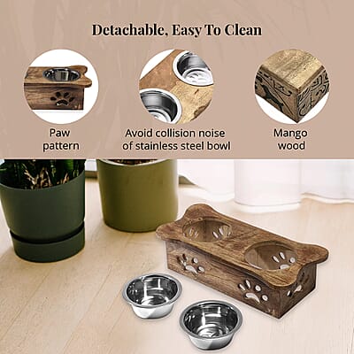 Nakkashi Hand Carved Mango Wood Pet Feeder with Stainless Steel Bowls