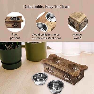 Nakkashi Hand Carved Mango Wood Pet Feeder with Stainless Steel Bowls