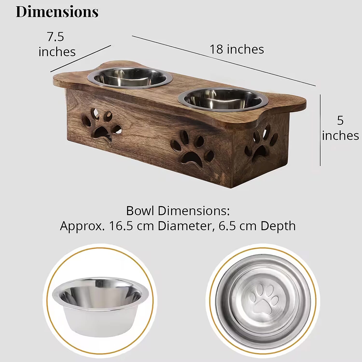 Nakkashi Hand Carved Mango Wood Pet Feeder with Stainless Steel Bowls
