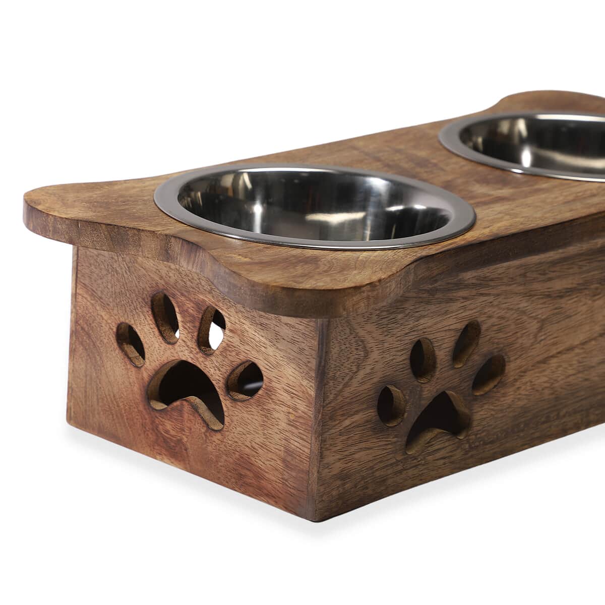 NAKKASHI, Hand Carved, Mango Wood Pet Feeder with Stainless Steel Bowls. Finish: White. Size: Approx. 18L X 7.5W X 5H inch. Bowl: Approx. Diameter 6.5 inch, depth: 2.5 inch. image number 6