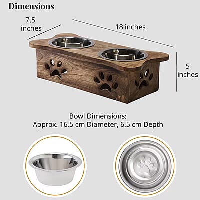 Nakkashi Hand Carved Mango Wood Pet Feeder with Stainless Steel Bowls