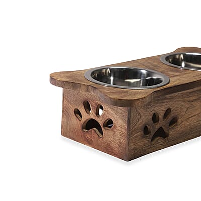 Nakkashi Hand Carved Mango Wood Pet Feeder with Stainless Steel Bowls