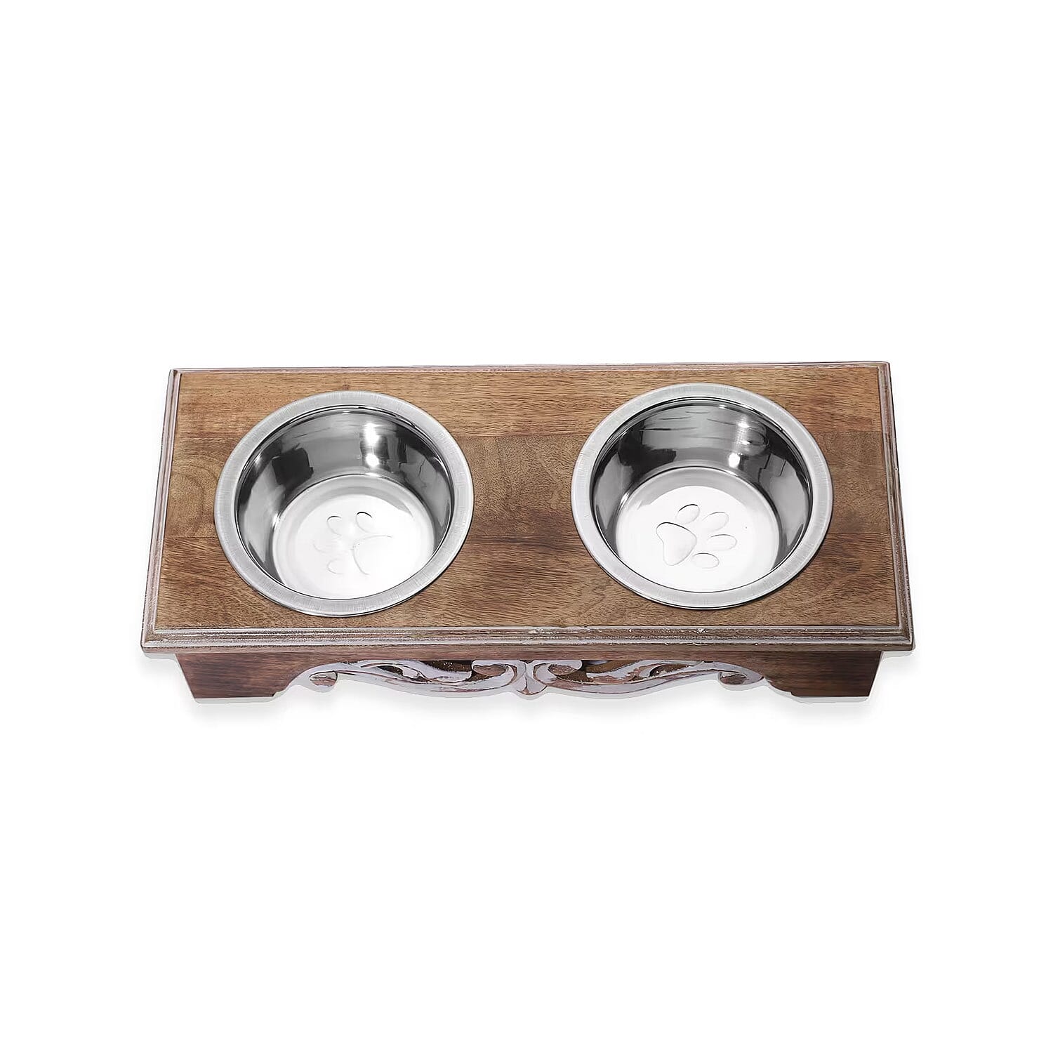 Nakkashi Hand Carved Mango Wood Pet Feeder with Stainless Steel Bowls