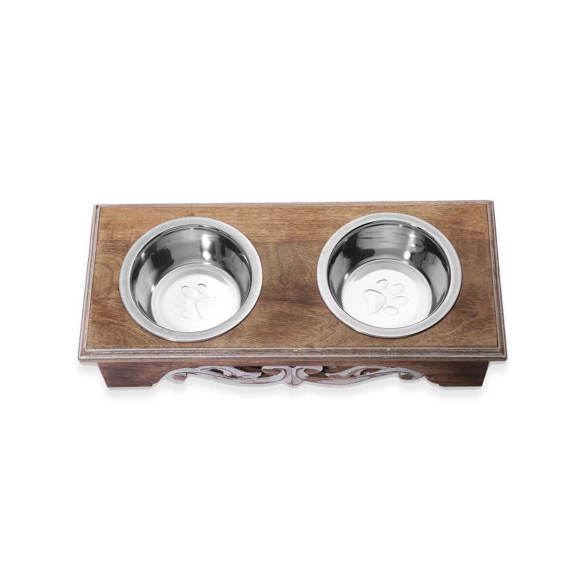 NAKKASHI, Hand Carved, Mango Wood Pet Feeder with Stainless Steel Bowls. Finish: White. Size: Approx. 18L X 7.5W X 5H inch. Bowl: Approx. Diameter 6.5 inch, depth: 2.5 inch. image number 8