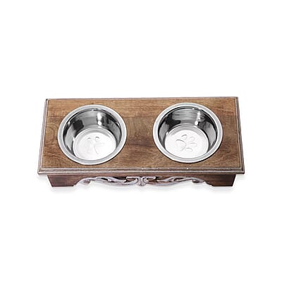 Nakkashi Hand Carved Mango Wood Pet Feeder with Stainless Steel Bowls
