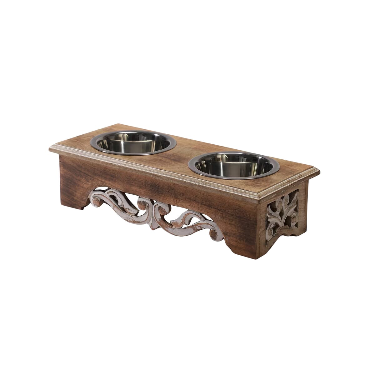 Nakkashi Hand Carved Mango Wood Pet Feeder with Stainless Steel Bowls image number 0