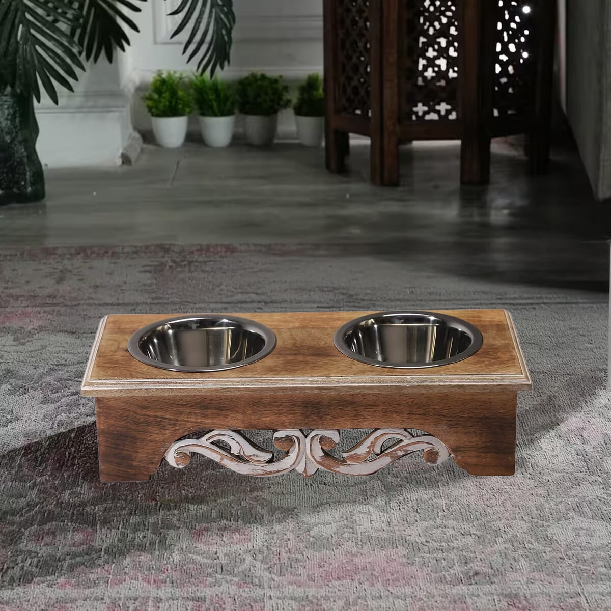 Nakkashi Hand Carved Mango Wood Pet Feeder with Stainless Steel Bowls image number 1