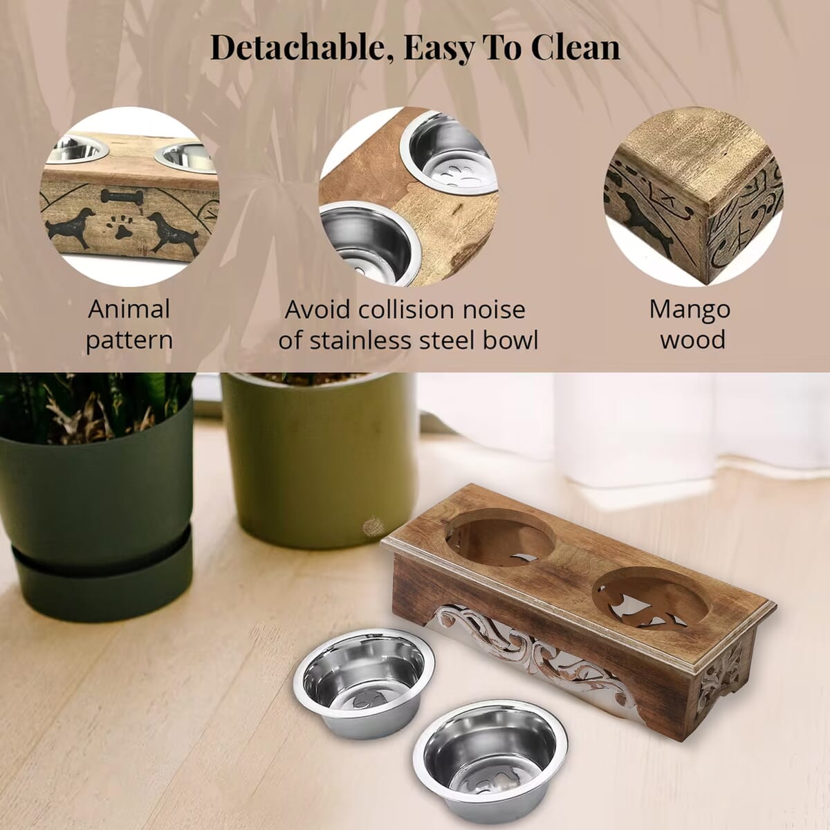 Nakkashi Hand Carved Mango Wood Pet Feeder with Stainless Steel Bowls image number 2