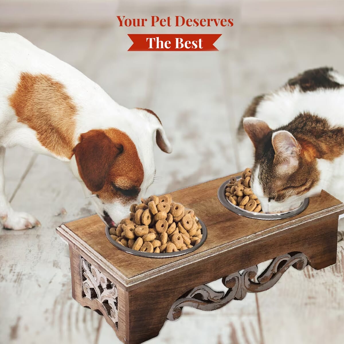 Nakkashi Hand Carved Mango Wood Pet Feeder with Stainless Steel Bowls image number 3