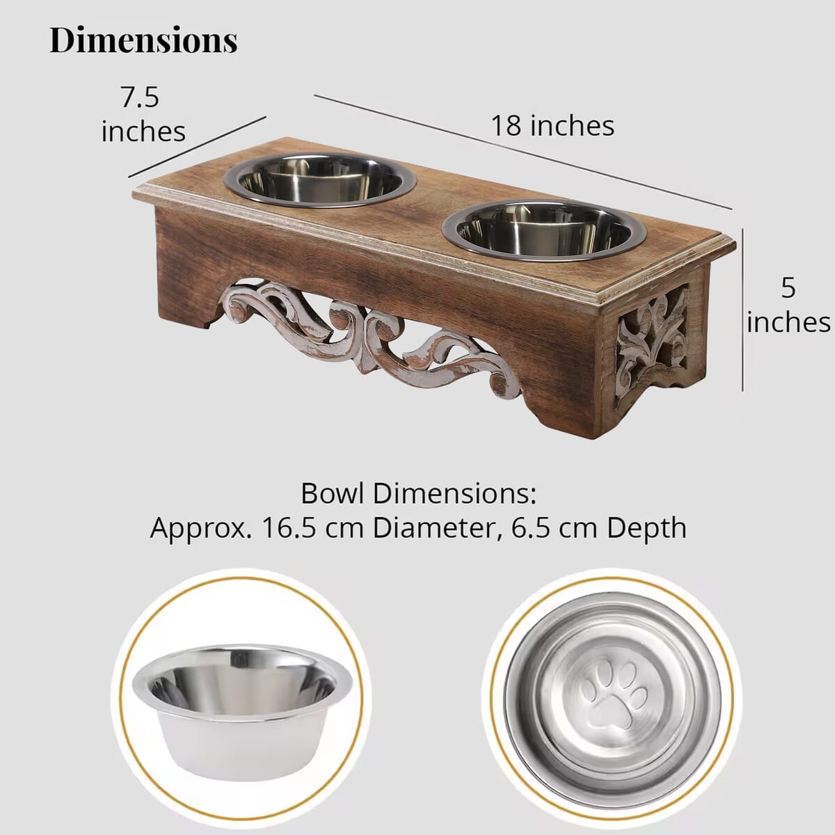 Nakkashi Hand Carved Mango Wood Pet Feeder with Stainless Steel Bowls image number 5
