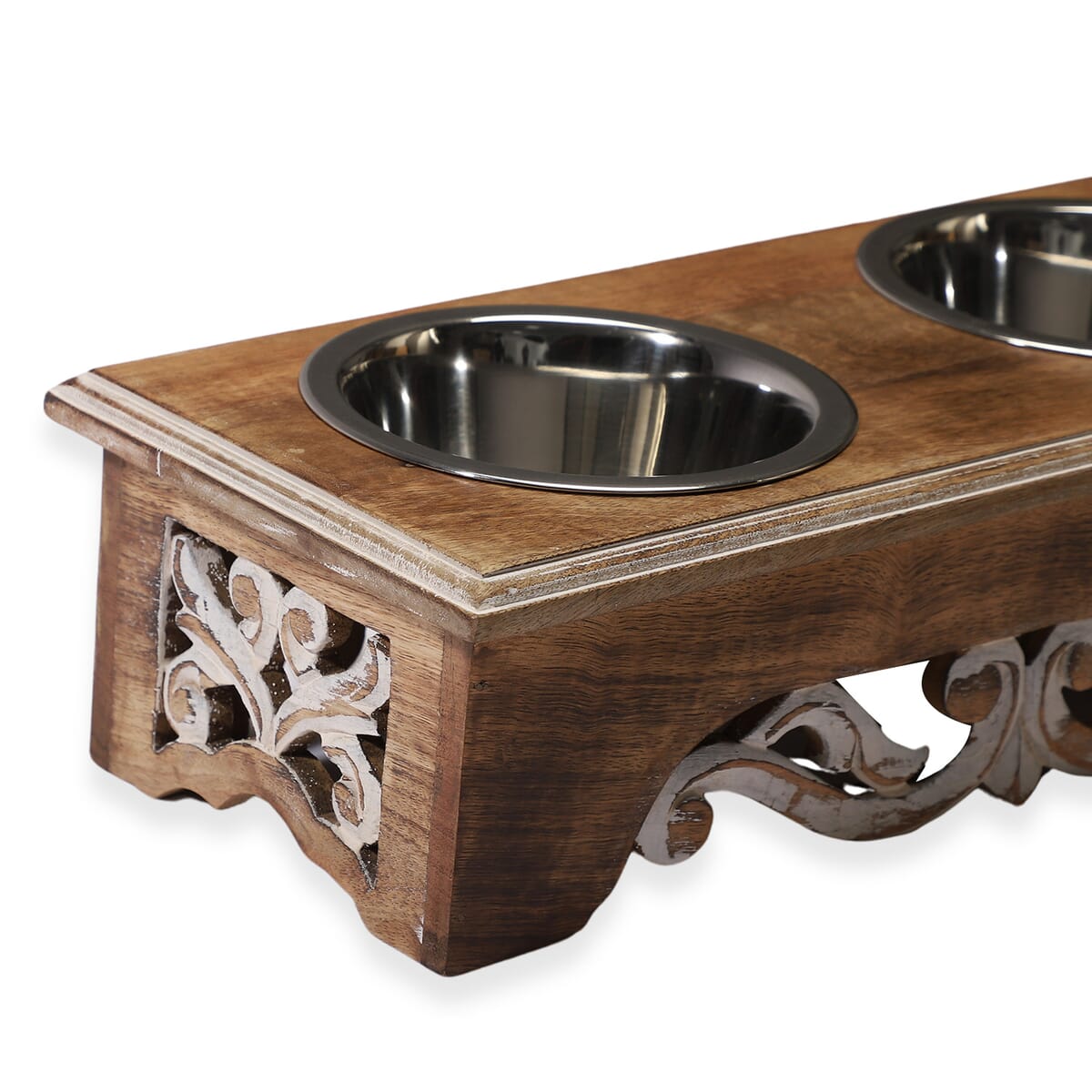 Nakkashi Hand Carved Mango Wood Pet Feeder with Stainless Steel Bowls image number 6