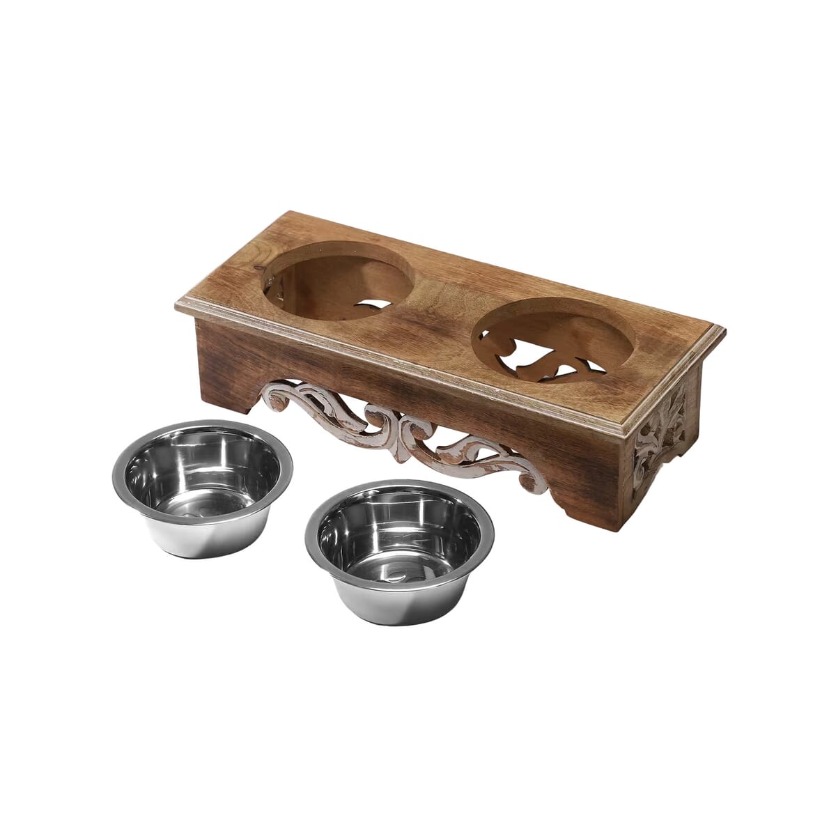 Nakkashi Hand Carved Mango Wood Pet Feeder with Stainless Steel Bowls image number 7