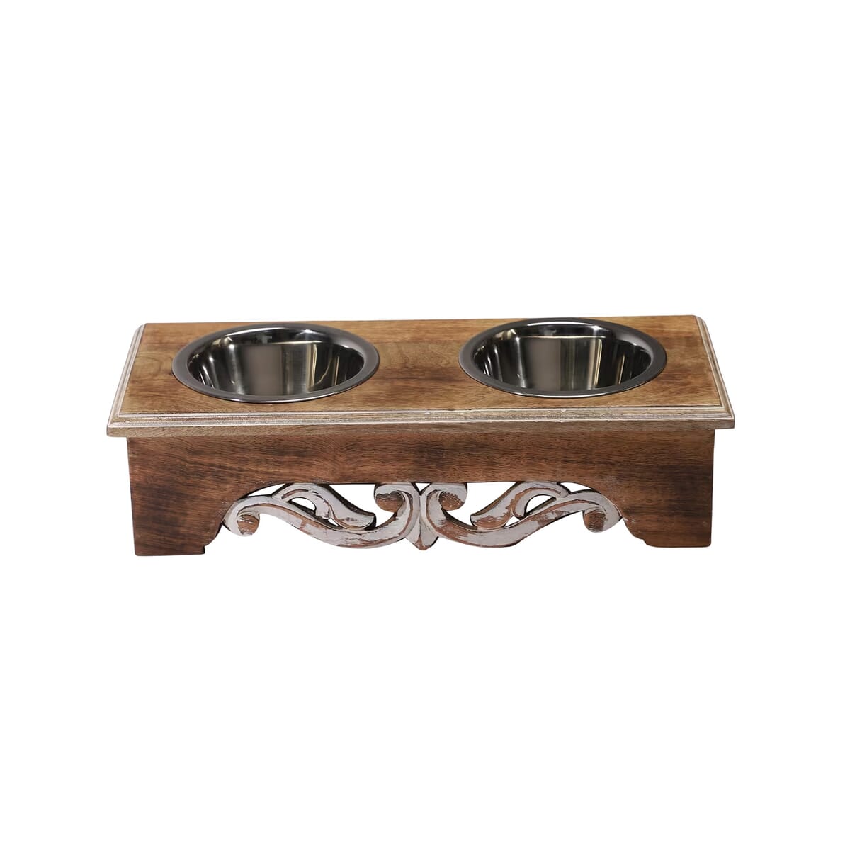 Nakkashi Hand Carved Mango Wood Pet Feeder with Stainless Steel Bowls image number 8