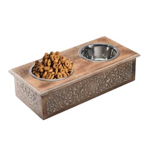Nakkashi Hand Carved Mango Wood Pet Feeder with Stainless Steel Bowls