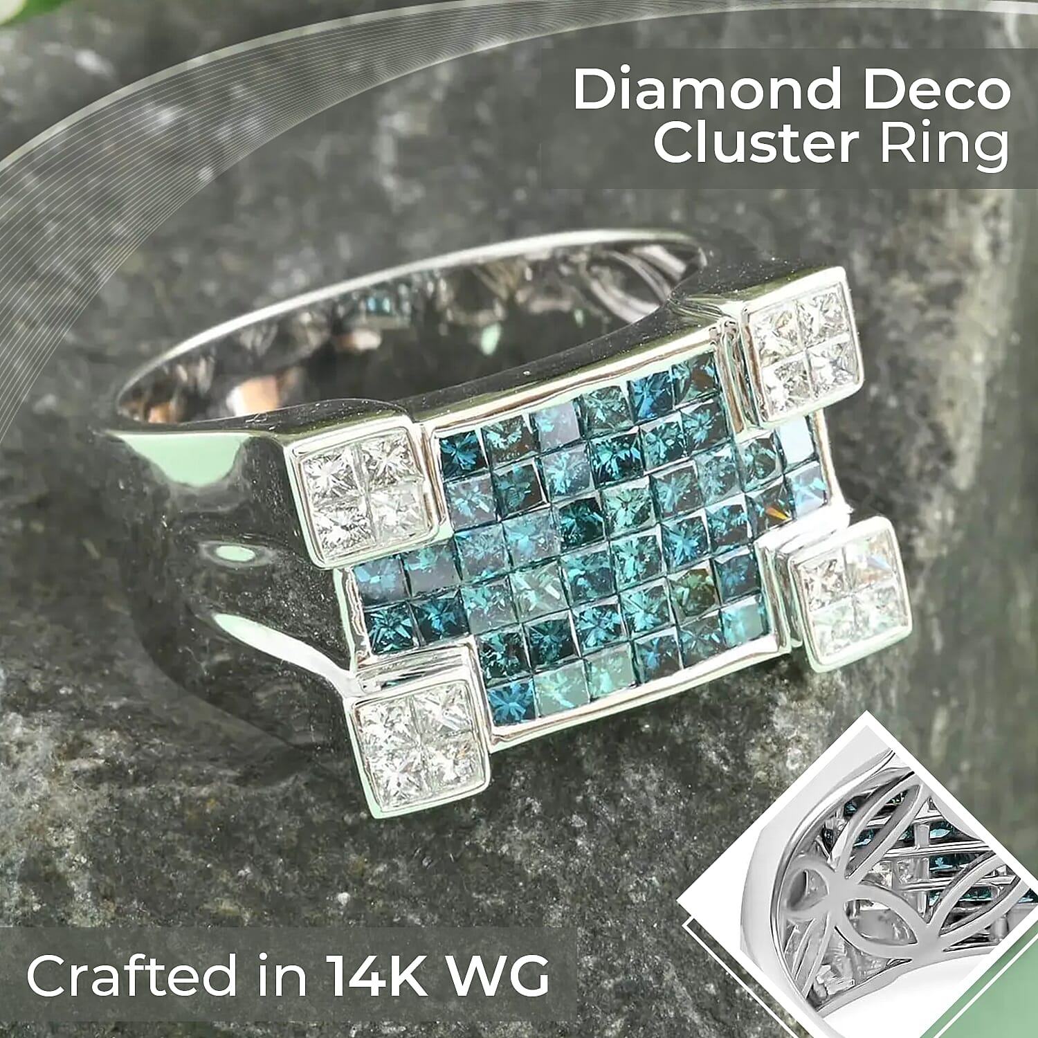 Modani SI Blue and White Diamond Ring,  14K White Gold Ring, Diamond Deco Cluster Ring, Diamond Ring For Men, Wedding Ring For Him 9.40 Grams 1.90 ctw (Size 10)