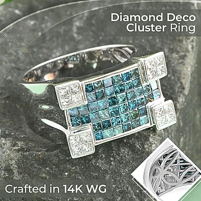 Modani SI Blue and White Diamond Ring,  14K White Gold Ring, Diamond Deco Cluster Ring, Diamond Ring For Men, Wedding Ring For Him 9.40 Grams 1.90 ctw (Size 10)