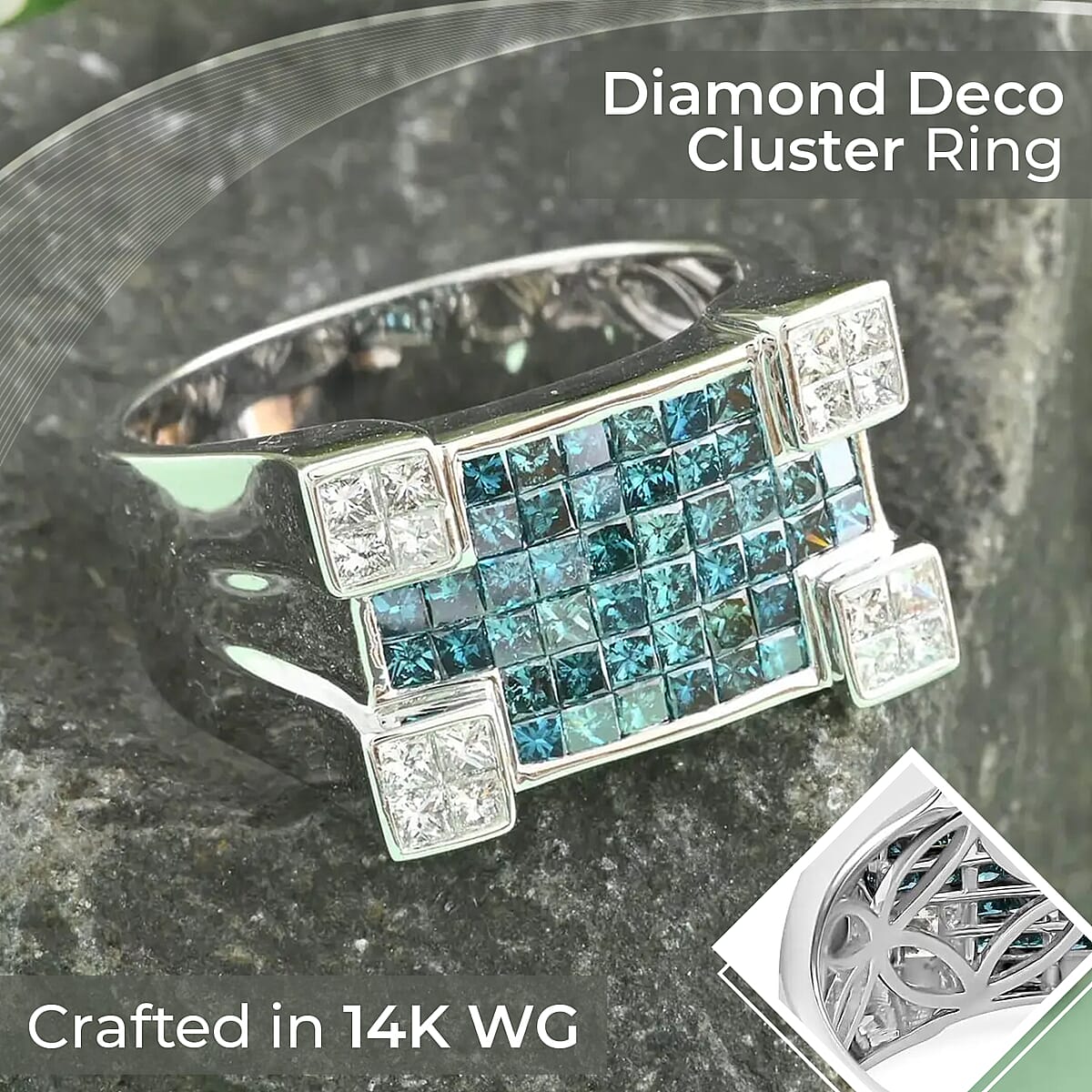 Modani SI Blue and White Diamond Ring,  14K White Gold Ring, Diamond Deco Cluster Ring, Diamond Ring For Men, Wedding Ring For Him 9.40 Grams (Del. in 10-12 Days) 1.90 ctw image number 1