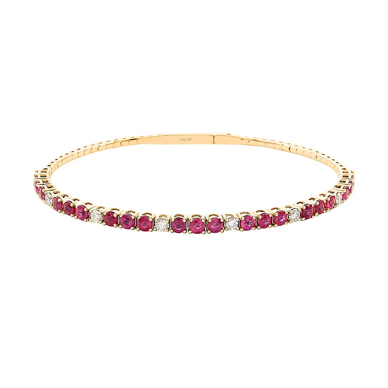 NY Closeout 14K Yellow Gold Montepuez Ruby and Natural Diamond SI2-SI3 Bracelet (7.25 In) 8.80 Grams Including Titanium Spring Weight 0.55 g 3.92 ctw