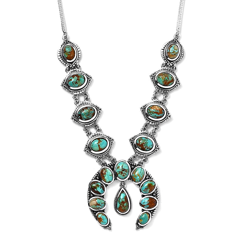 Artisan Crafted Royston Turquoise Squash Blossom Necklace, 18 Inch Necklace in Black Oxidized Sterling Silver, Turquoise Jewelry, Gifts For Her 18.85 ctw