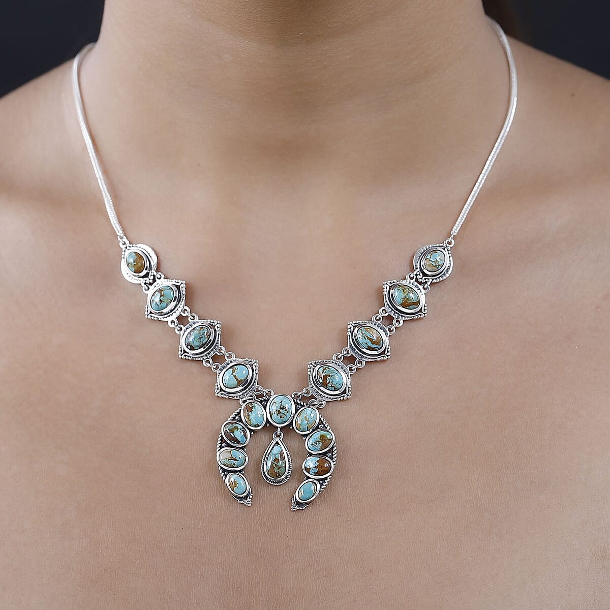 Artisan Crafted Royston Turquoise Squash Blossom Necklace, 18 Inch Necklace in Black Oxidized Sterling Silver, Turquoise Jewelry, Gifts For Her 18.85 ctw image number 1