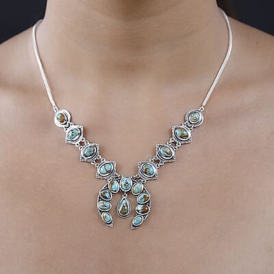 Artisan Crafted Royston Turquoise Squash Blossom Necklace, 18 Inch Necklace in Black Oxidized Sterling Silver, Turquoise Jewelry, Gifts For Her 18.85 ctw