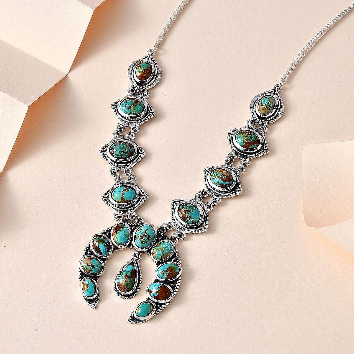 Artisan Crafted Royston Turquoise Squash Blossom Necklace, 18 Inch Necklace in Black Oxidized Sterling Silver, Turquoise Jewelry, Gifts For Her 18.85 ctw image number 2