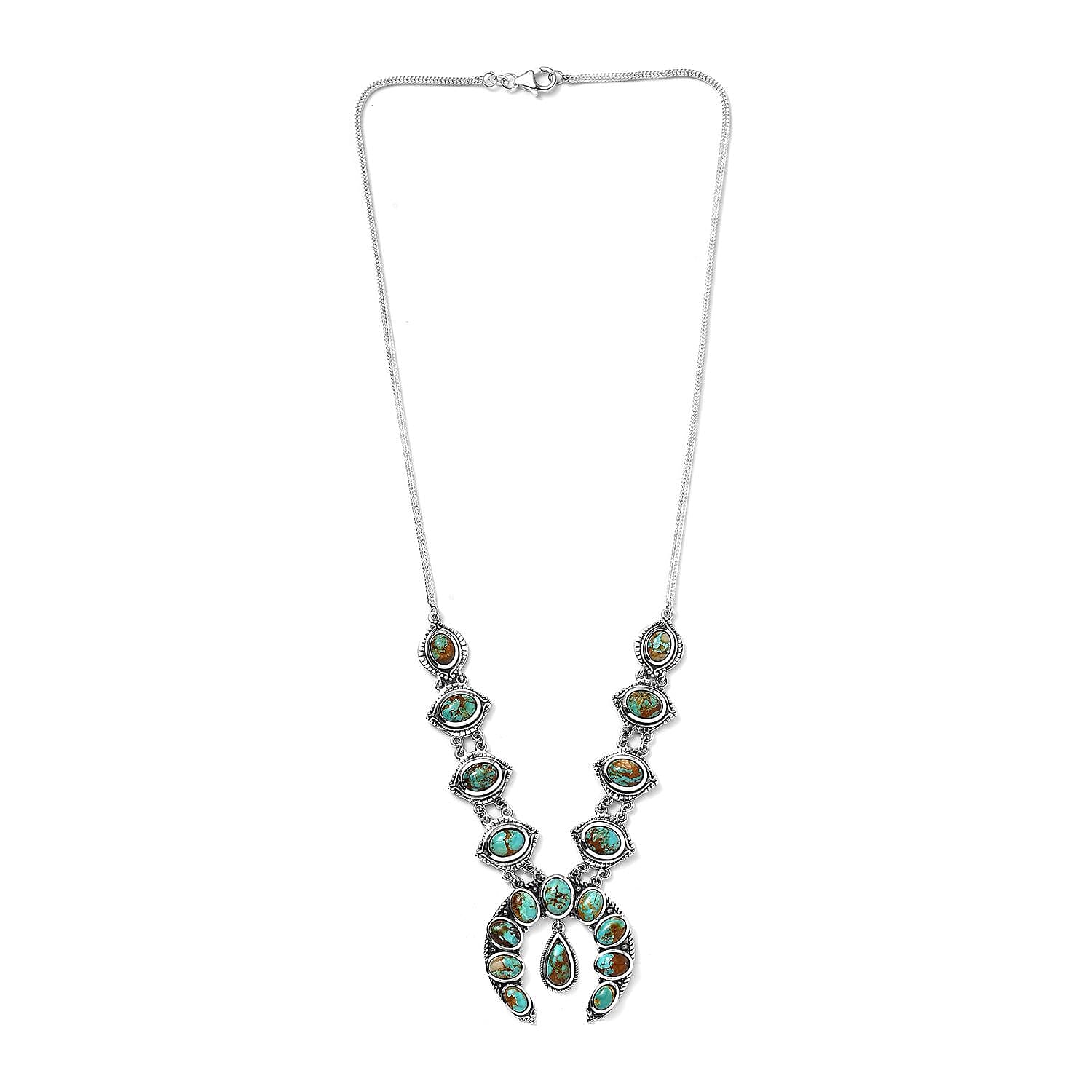 Artisan Crafted Royston Turquoise Squash Blossom Necklace, 18 Inch Necklace in Black Oxidized Sterling Silver, Turquoise Jewelry, Gifts For Her 18.85 ctw