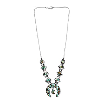 Artisan Crafted Royston Turquoise Squash Blossom Necklace, 18 Inch Necklace in Black Oxidized Sterling Silver, Turquoise Jewelry, Gifts For Her 18.85 ctw
