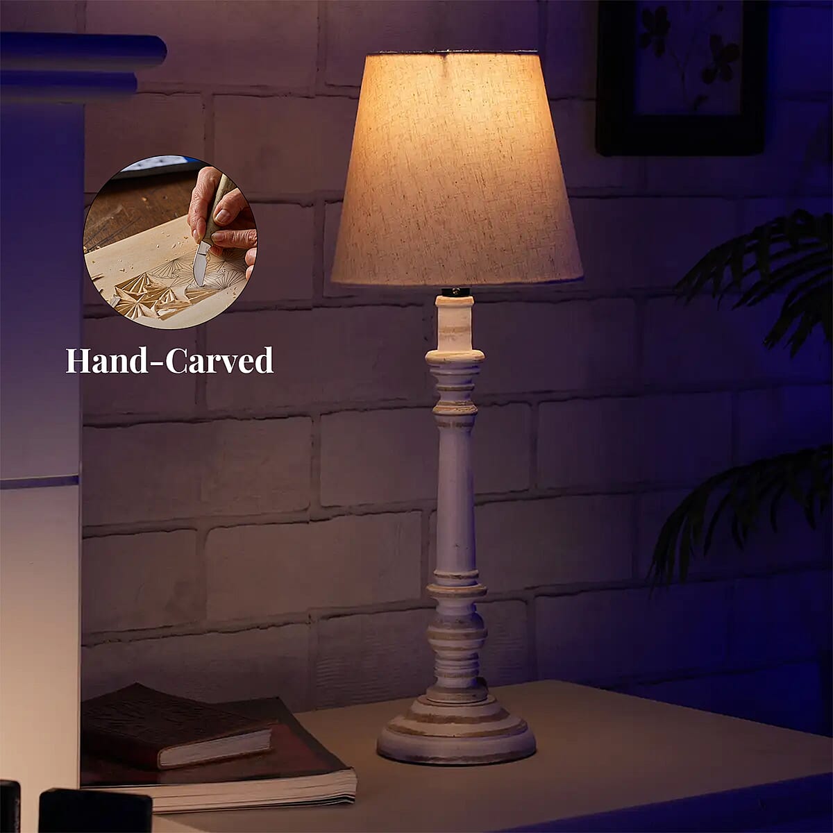 Nakkashi Handcarved Mango Wood Table Lamp with UL Certified - Ivory image number 5