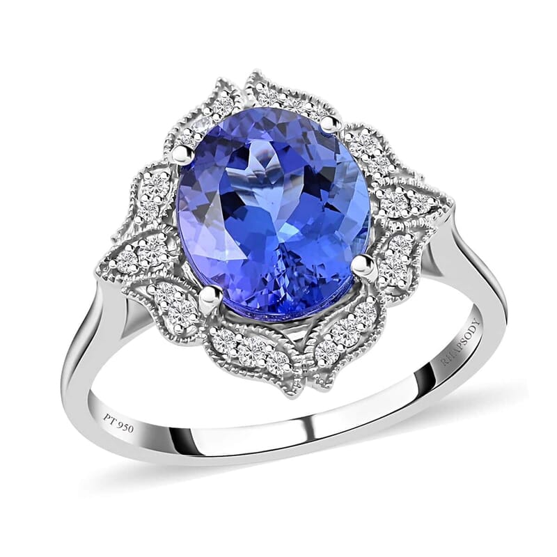 Certified and Appraised Rhapsody 950 Platinum AAAA Tanzanite and E-F VS Diamond Ring (Size 10.0) 6.75 Grams 4.05 ctw