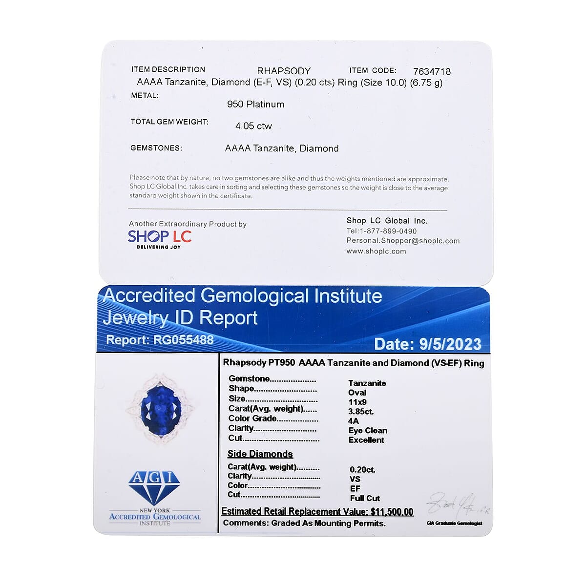 Certified and Appraised Rhapsody 950 Platinum AAAA Tanzanite and E-F VS Diamond Ring (Size 7.0) 6.75 Grams 4.05 ctw image number 6