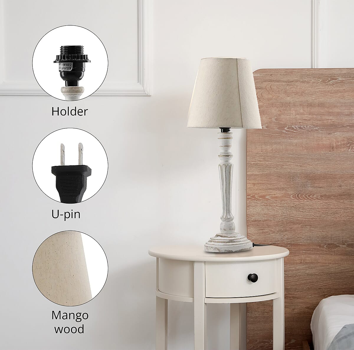 Nakkashi Handcarved Mango Wood Table Lamp with UL Certified - Ivory (5x5x17) image number 2