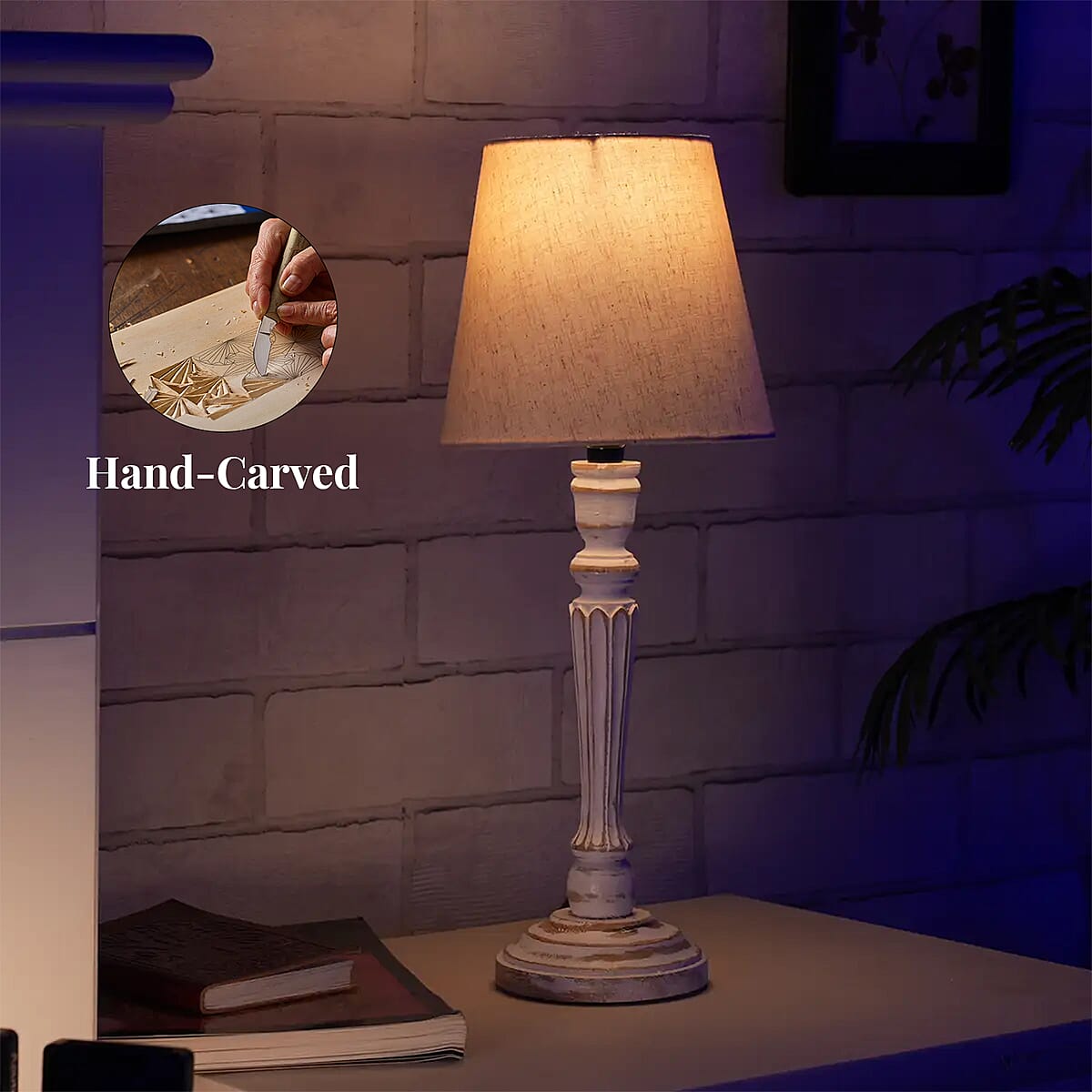 Nakkashi Handcarved Mango Wood Table Lamp with UL Certified - Ivory (5x5x17) image number 3