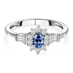 Ceylon Blue Sapphire and White Zircon Sunburst Ring in Platinum Over Sterling Silver (Size 10.0) 1.00 ctw (Del. in 7-10 Days)