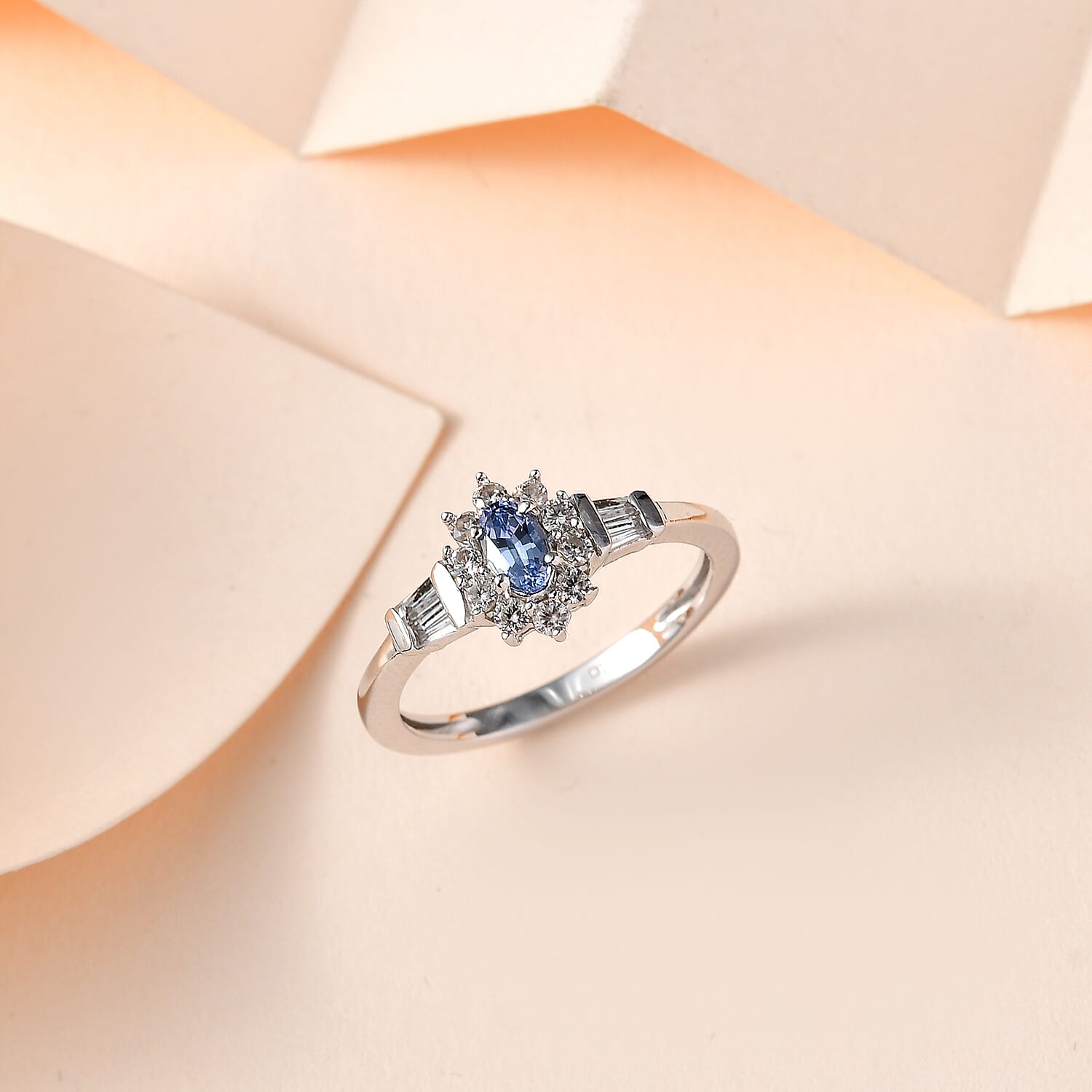 Ceylon Blue Sapphire and White Zircon Sunburst Ring in Platinum Over Sterling Silver (Size 5.0) 1.00 ctw