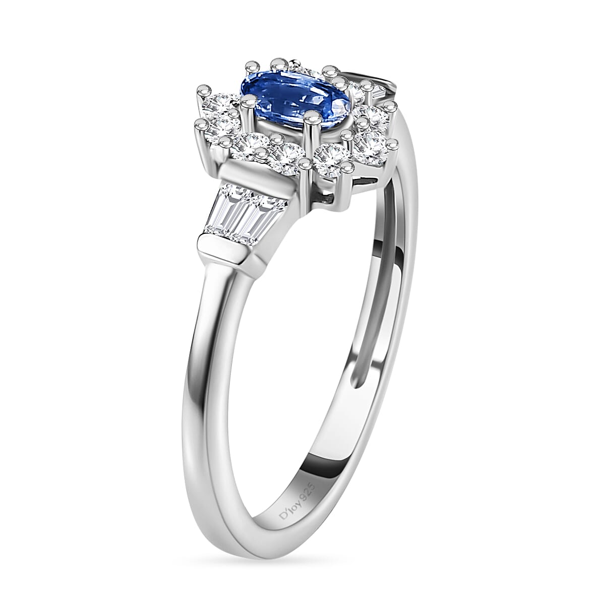 Ceylon Blue Sapphire and White Zircon Sunburst Ring in Platinum Over Sterling Silver (Size 5.0) 1.00 ctw