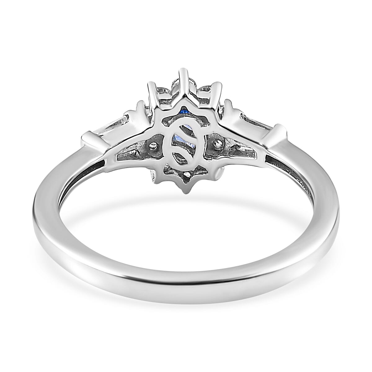 Ceylon Blue Sapphire and White Zircon Sunburst Ring in Platinum Over Sterling Silver (Size 5.0) 1.00 ctw