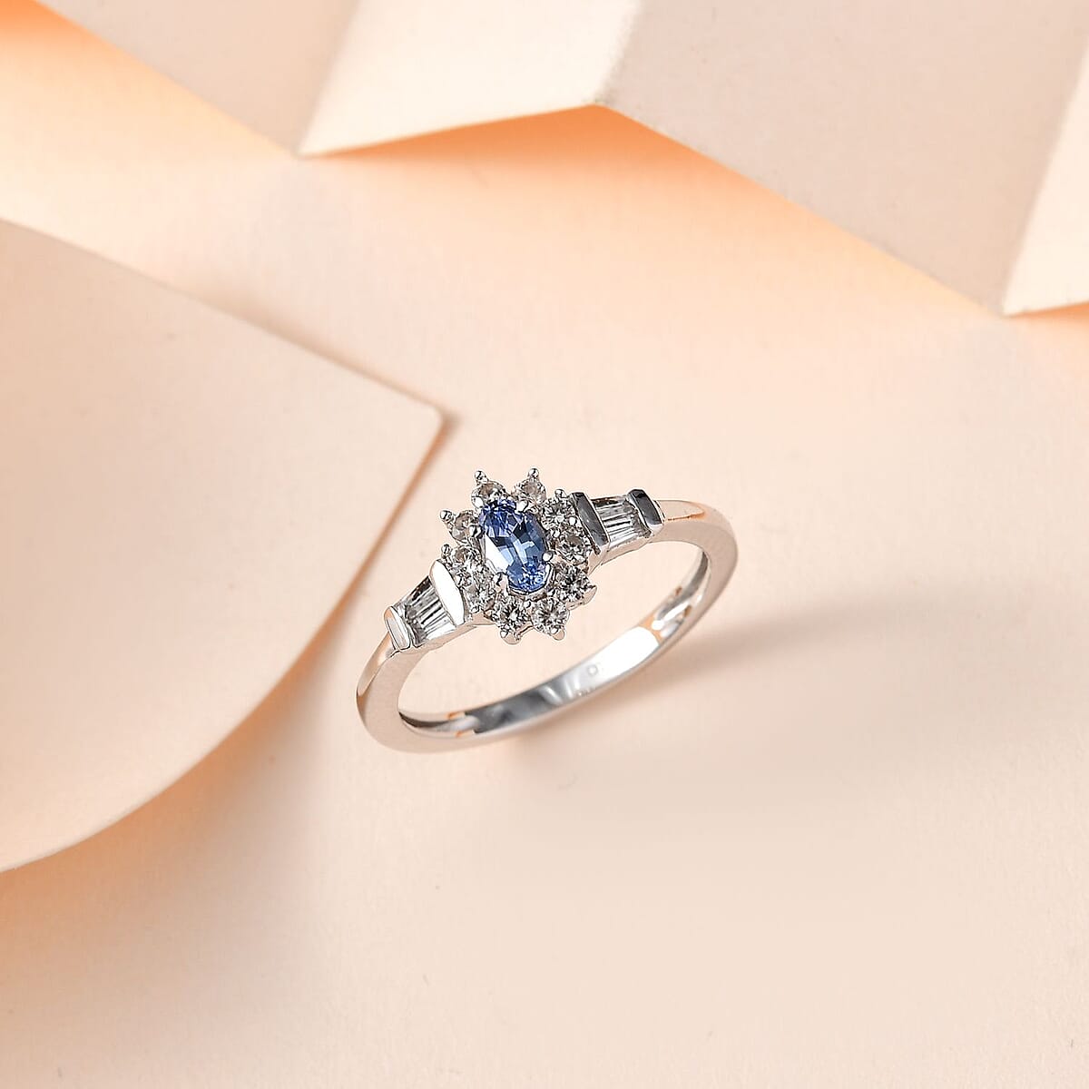 Ceylon Blue Sapphire and White Zircon Sunburst Ring in Platinum Over Sterling Silver (Size 7.0) 1.00 ctw image number 1
