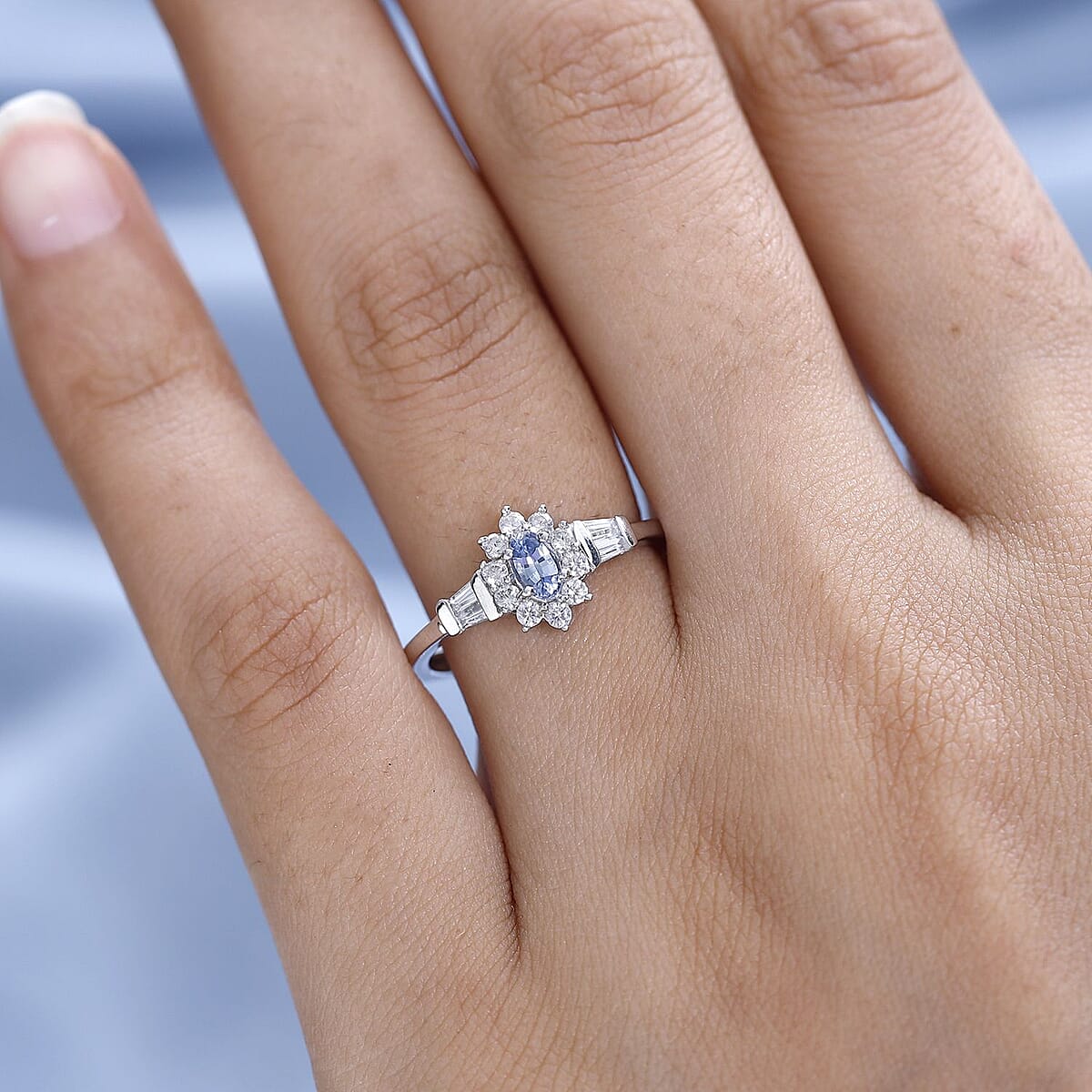 Ceylon Blue Sapphire and White Zircon Sunburst Ring in Platinum Over Sterling Silver (Size 7.0) 1.00 ctw image number 2