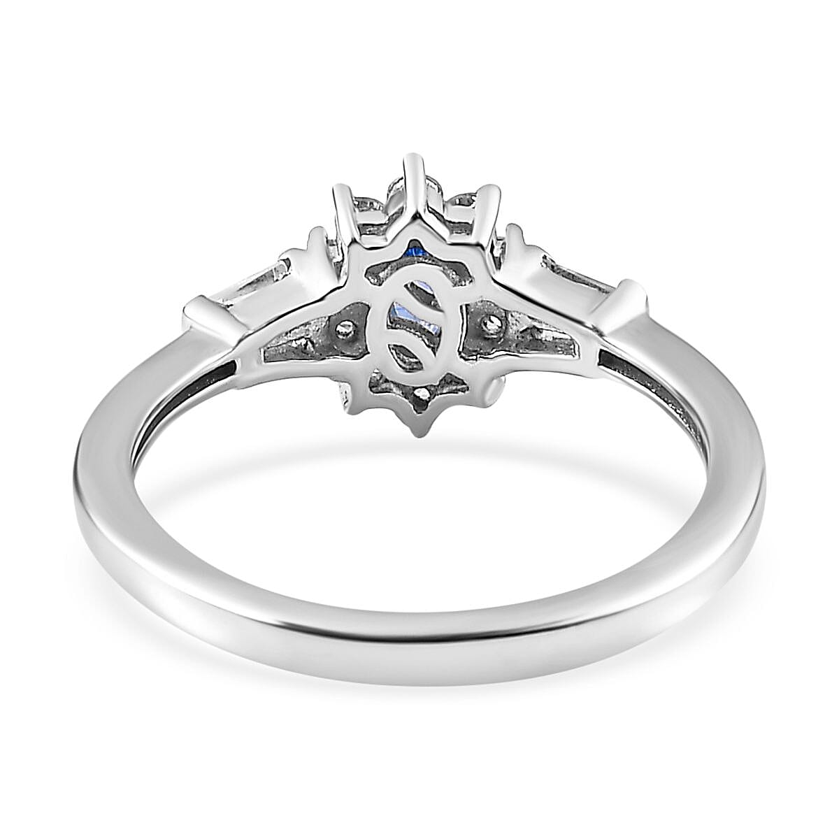 Ceylon Blue Sapphire and White Zircon Sunburst Ring in Platinum Over Sterling Silver (Size 7.0) 1.00 ctw image number 4