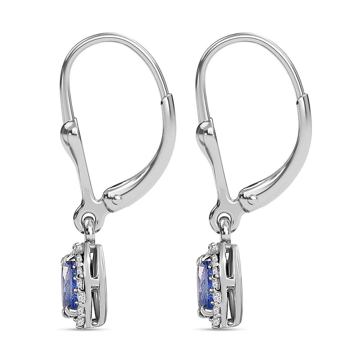 Ceylon Blue Sapphire and White Zircon Lever Back Earrings in Platinum Over Sterling Silver 0.75 ctw