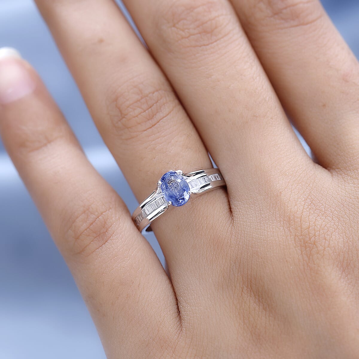 Luxoro 10K White Gold Premium Ceylon Blue Sapphire and G-H I3 Diamond Bridge Ring (Size 8.0) 1.15 ctw image number 2