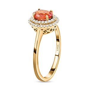 Iliana 18K Yellow Gold AAA Red Sapphire and G-H SI Diamond Double Halo Ring (Size 9.0) 1.25 ctw