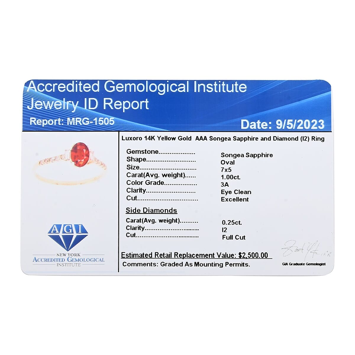 Certified & Appraised Luxoro 14K Yellow Gold AAA Songea Sapphire and I2 Diamond Ring (Size 6.0) 1.25 ctw image number 6