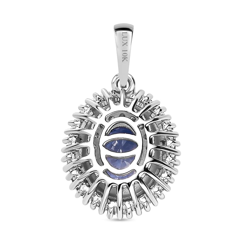 Luxoro 10K White Gold Premium Ceylon Blue Sapphire and Diamond Double Halo Pendant 1.20 ctw