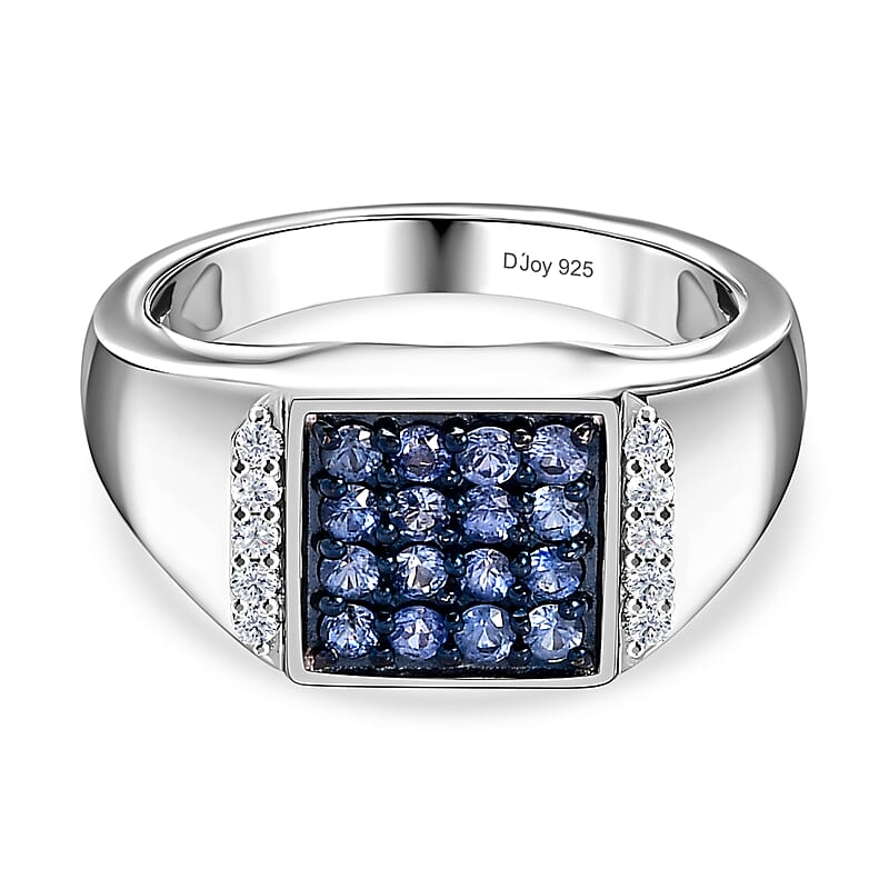 Premium Ceylon Blue Sapphire and Moissanite Men's Ring in Platinum Over Sterling Silver (Size 10.0) 0.90 ctw