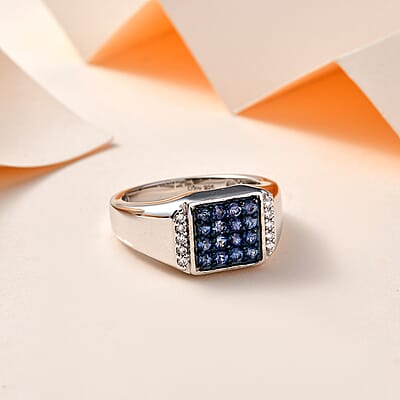 Premium Ceylon Blue Sapphire and Moissanite Men's Ring in Platinum Over Sterling Silver (Size 10.0) 0.90 ctw