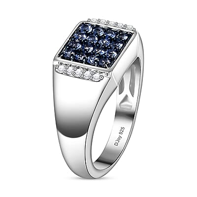 Premium Ceylon Blue Sapphire and Moissanite Men's Ring in Platinum Over Sterling Silver (Size 10.0) 0.90 ctw