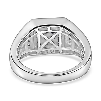 Premium Ceylon Blue Sapphire and Moissanite Men's Ring in Platinum Over Sterling Silver (Size 10.0) 0.90 ctw